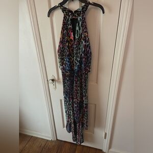 Womens Leopard Multicolor Pri Milkmaid  Hi-Low Maxi Dress Size L   Whimsical
